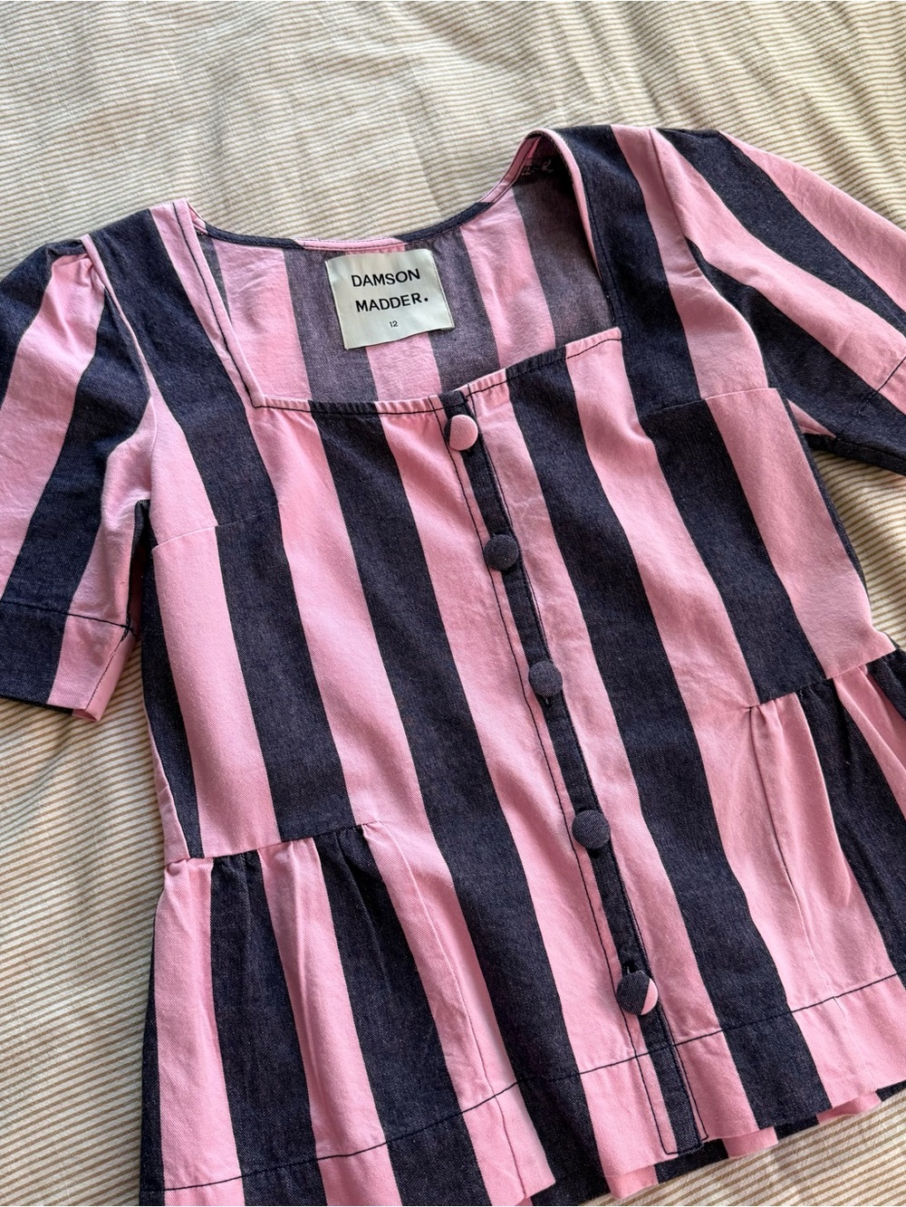 Damson Madder Pink & Navy Striped Button Front Peplum Top - Picture 3 of 5